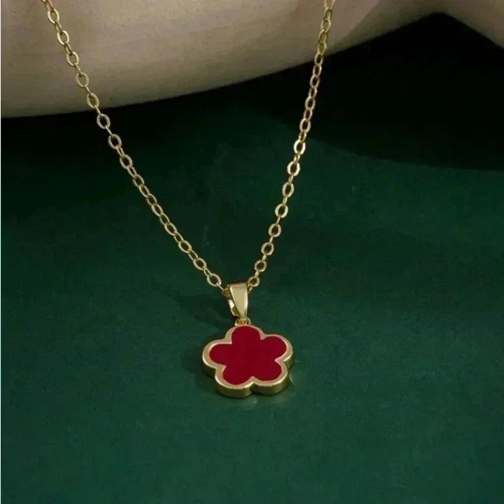 ⚠️Clearance Red Floral Charm Necklace Yellow Gold - Picture 1 of 3